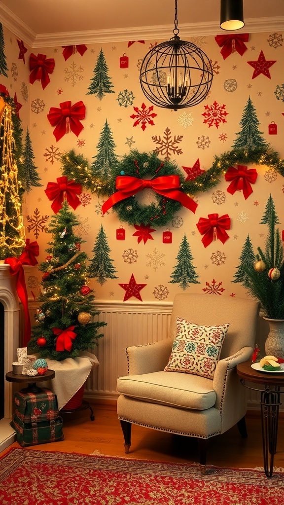 Vintage Christmas Aesthetic Wallpaper A cozy room with vintage Christmas wallpaper, decorated for the holidays with ornaments and lights.